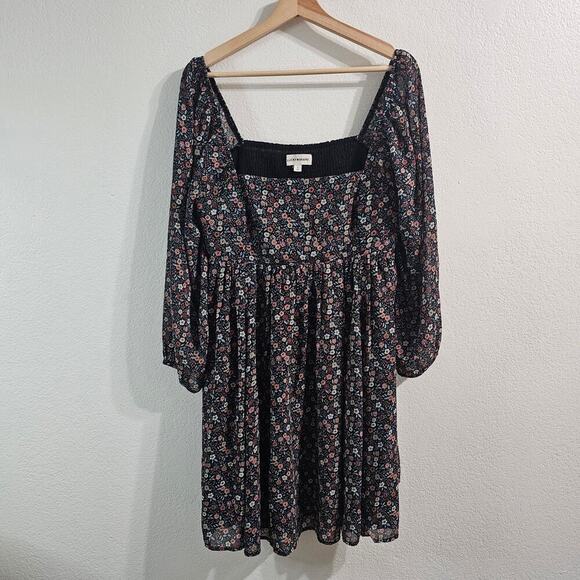 LUCKY BRAND Floral Printed Square-Neck Long-Sleeve Mini Dress Size L - Picture 2 of 14